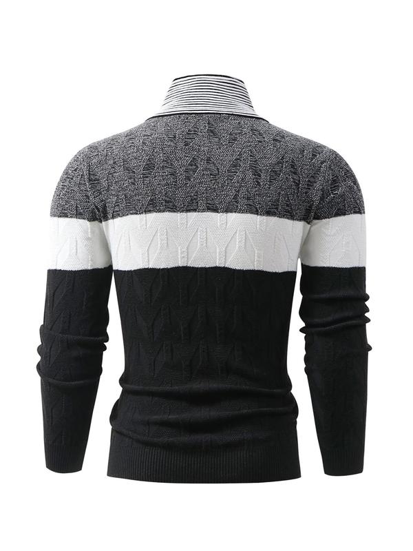 Men's Colorblock Textured Wrap Mock Neck Sweater, Casual Slim-fitting Buckle Long Sleeve Jumper for Fall & Winter, Men's Knitwear for Daily Wear