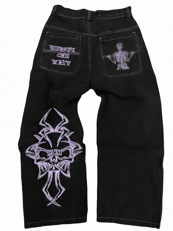 Y2K Men's Hip-Hop Embroidered Oversize Jeans, Unisex Streetwear with Eye-catching Skull and Cross Embroidery, Direct Cut Jeans in Retro Look