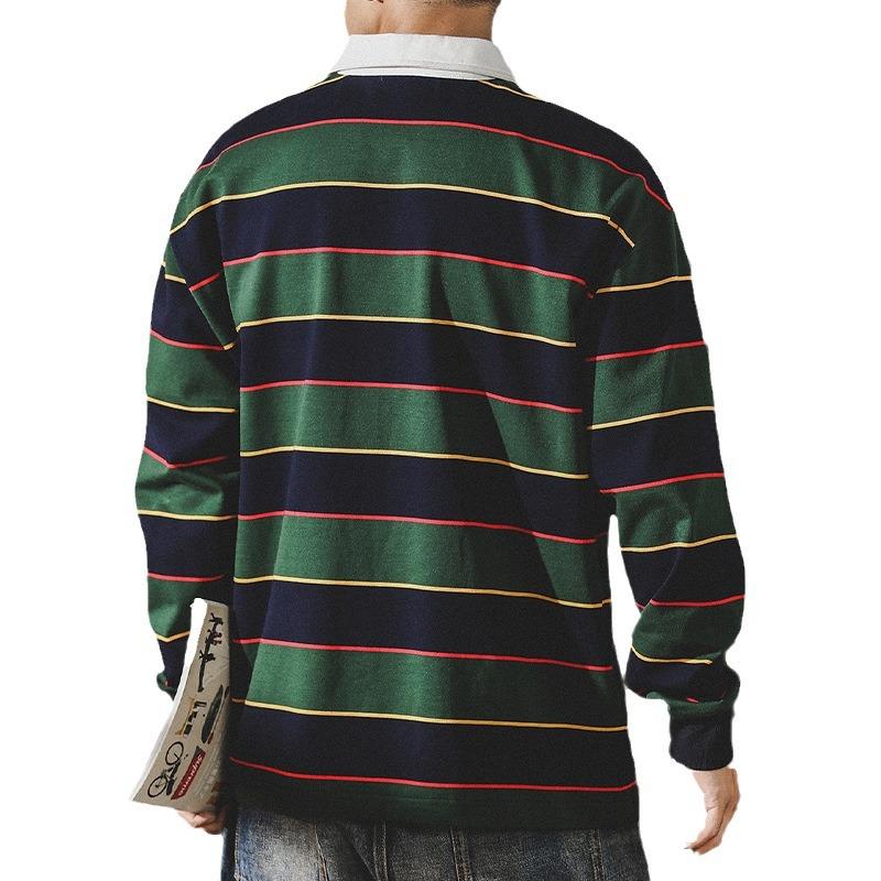 American 320g Heavyweight T-shirt Men's Long-sleeved Men's Autumn Scottish Striped Ivy POLO Shirt Rugby Shirt