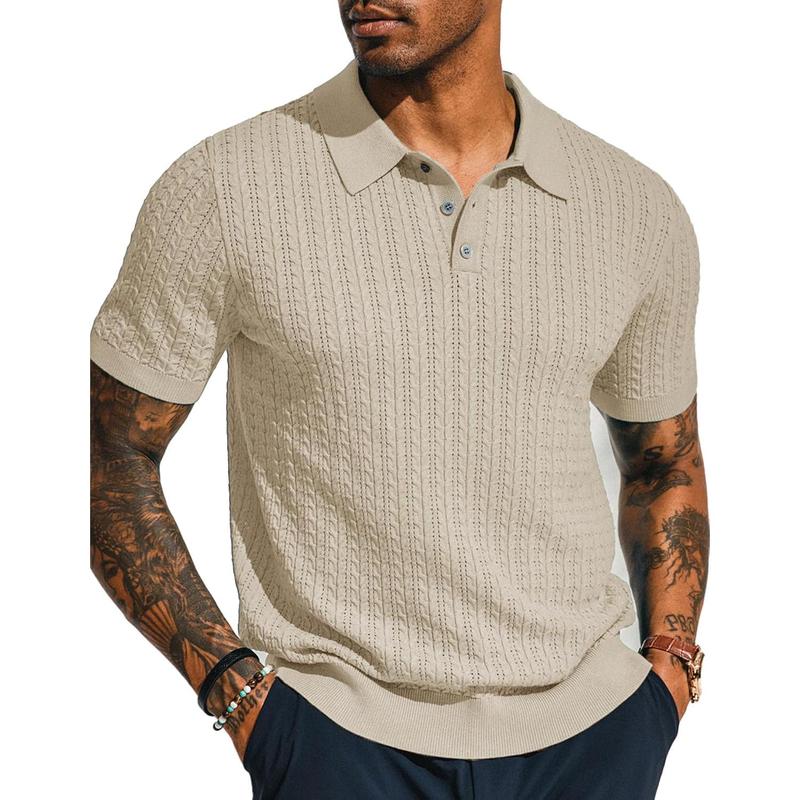 Mens Knit Polo Shirt Short Sleeve Hollow Out Knit Shirt Texture Knitted Polo