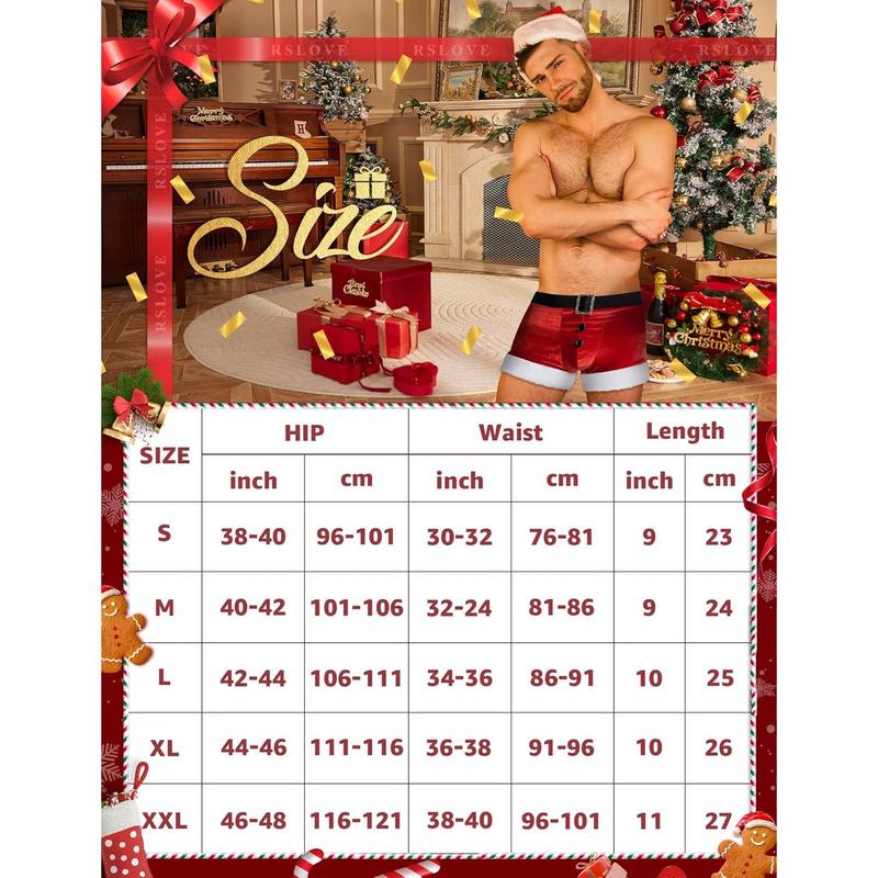 RSLOVE Men's Christmas Lingerie Set Sexy Santa Outfits 2PCS Red Boxers Holiday Briefs Underwear With Hat Menswear Festive