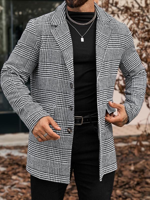 Men's Houndstooth Print Button Front Woolen Coat, Regular Fit Casual Long Sleeve Lapel Outerwear for Fall & Winter, Men's Clothes for Daily Wear