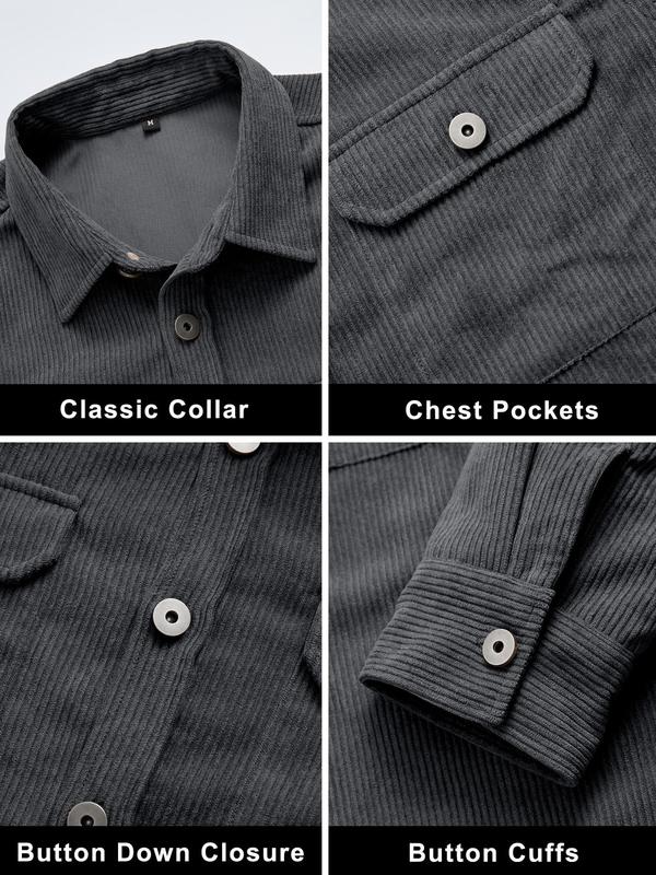 Men's Solid Color Button Front Flap Pocket Corduroy Shirt, Regular Fit Casual Long Sleeve Collared Top for Fall & Winter, Men's Clothes for Daily Wear