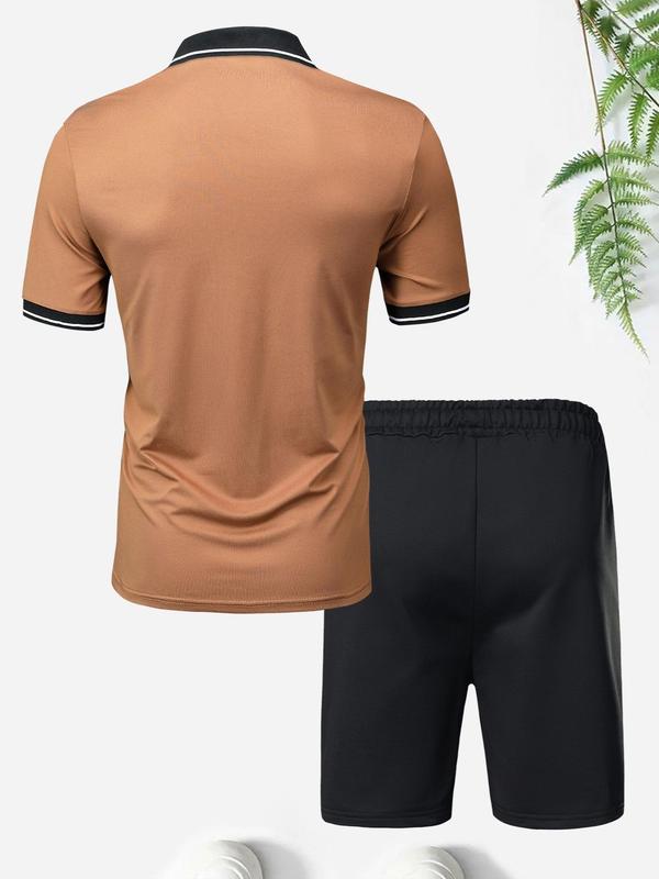 2 Piece Set Men's Colorblock Short Sleeve Polo Shirt & Drawstring Waist Shorts Set, Regular Fit Button Front Collared Top & Elastic Waist Track Shorts, Back To School Outfits, Outfit Sets for Men, Casual Men Two-piece Outfits for Summer