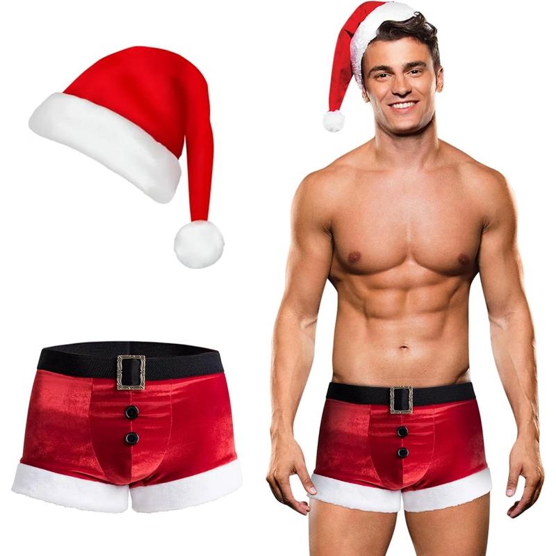 RSLOVE Men's Christmas Lingerie Set Sexy Santa Outfits 2PCS Red Boxers Holiday Briefs Underwear With Hat Menswear Festive