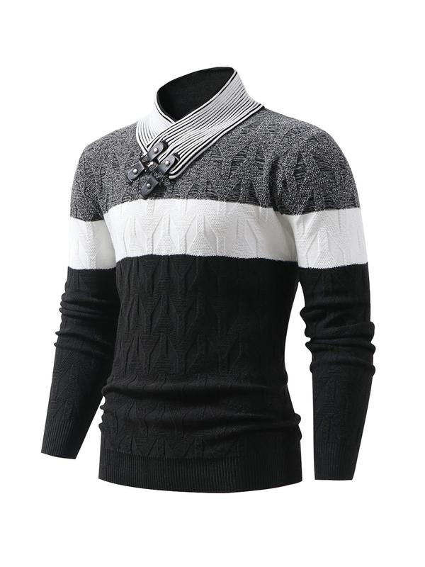 Men's Colorblock Textured Wrap Mock Neck Sweater, Casual Slim-fitting Buckle Long Sleeve Jumper for Fall & Winter, Men's Knitwear for Daily Wear