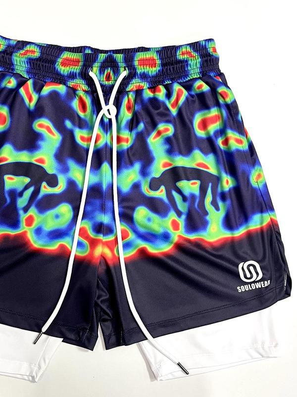 Men's All Over Print 2-IN-1 Drawstring Waist Shorts, Casual Loose Pocket Elastic Waist Shorts for Summer, Fashion Men's Bottoms for Outdoor Wear