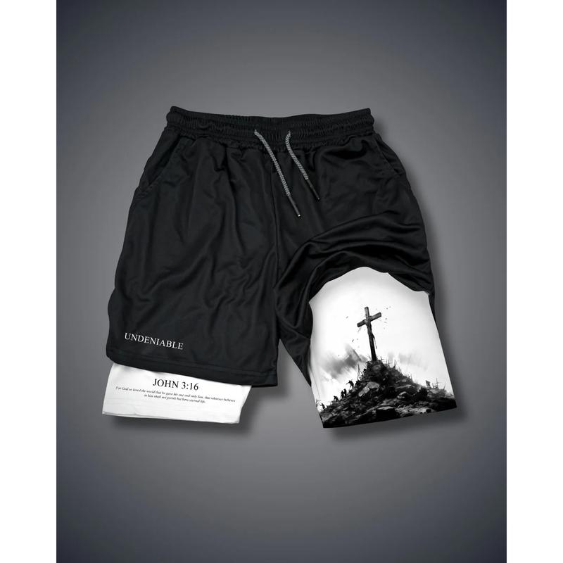 John 3:16 The Cross Performance Shorts Shorts Men's Cross & Letter Print 2 in 1 Drawstring Waist Shorts, Loose Casual Pocket Track Shorts for Summer, Fashion Men's Bottoms for Daily Wear gym wear