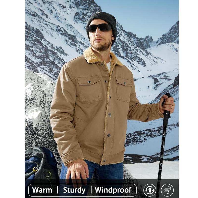 2024 New Men's Winter Jacket Sherpa Lined Jacket Warm Trucker Coat Multi Pocket Casual Collared Menswear Tops