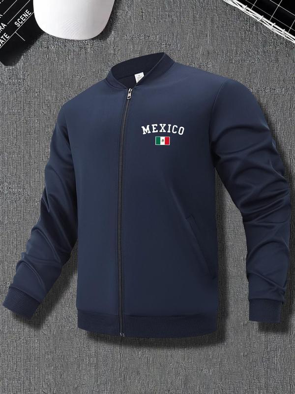 Men's Mexico Flag Print Zip Up Bomber Jacket, Regular Fit Casual Long Sleeve Baseball Collar Outerwear for Fall & Winter, Men's Clothes for Daily Wear