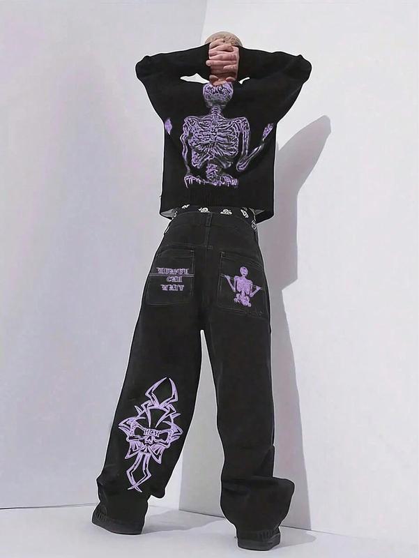 Y2K Men's Hip-Hop Embroidered Oversize Jeans, Unisex Streetwear with Eye-catching Skull and Cross Embroidery, Direct Cut Jeans in Retro Look