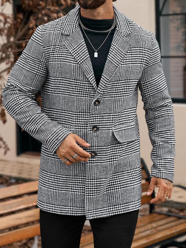 Men's Houndstooth Print Button Front Woolen Coat, Regular Fit Casual Long Sleeve Lapel Outerwear for Fall & Winter, Men's Clothes for Daily Wear