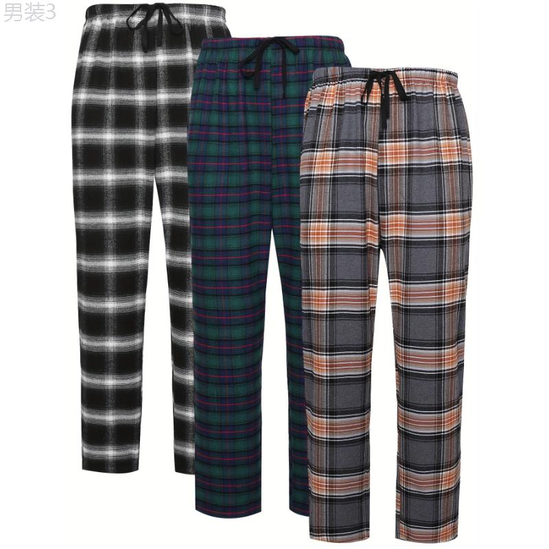 3pcs Men's Plaid Pattern Casual Homewear Long Pants, Pajama Sleep Bottom, Loungewear Sleep Wear Trousers - Soft & Comfortable Fabric - For Relaxing at Home - Perfect Gift for Men Menswear Nightwear