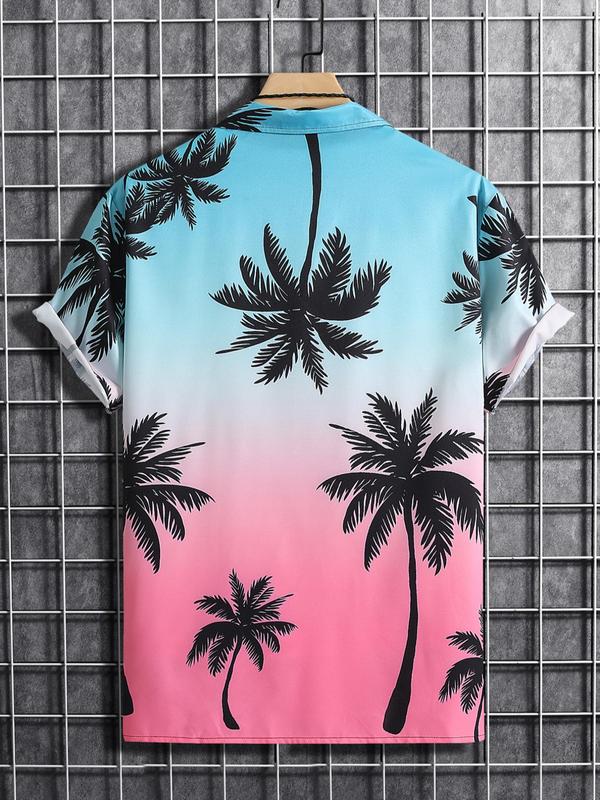 Men's Regular Fit Tropical Ombre Coconut Tree Print Button Front Shortsleeve Shirt, Summer Outfits, Casual Short Sleeve Lapel Neck Top for Summer, Men's Clothes for Beach Vacation, Menswear