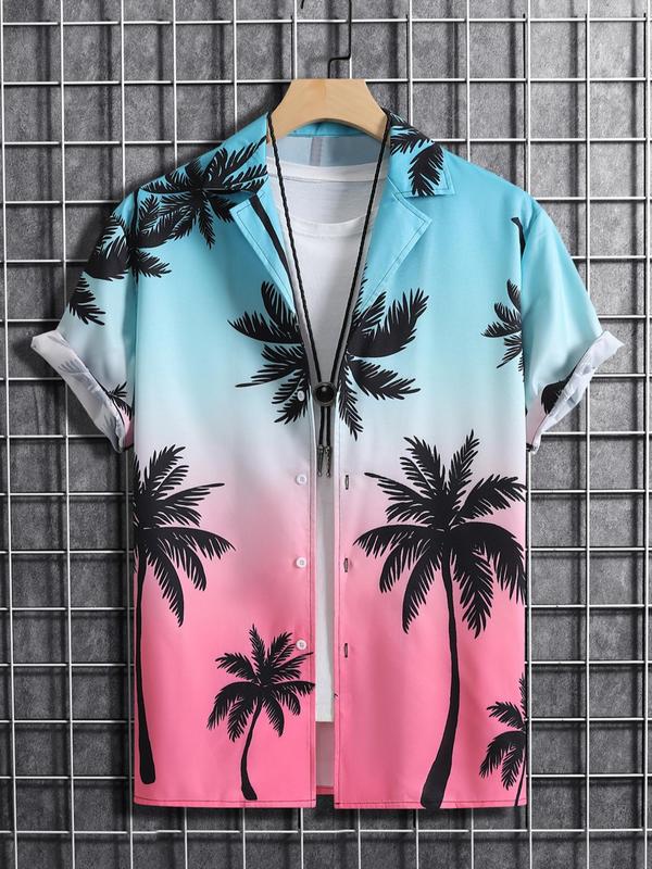 Men's Regular Fit Tropical Ombre Coconut Tree Print Button Front Shortsleeve Shirt, Summer Outfits, Casual Short Sleeve Lapel Neck Top for Summer, Men's Clothes for Beach Vacation, Menswear