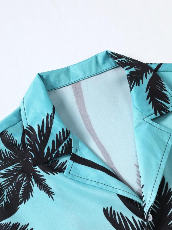 Men's Regular Fit Tropical Ombre Coconut Tree Print Button Front Shortsleeve Shirt, Summer Outfits, Casual Short Sleeve Lapel Neck Top for Summer, Men's Clothes for Beach Vacation, Menswear