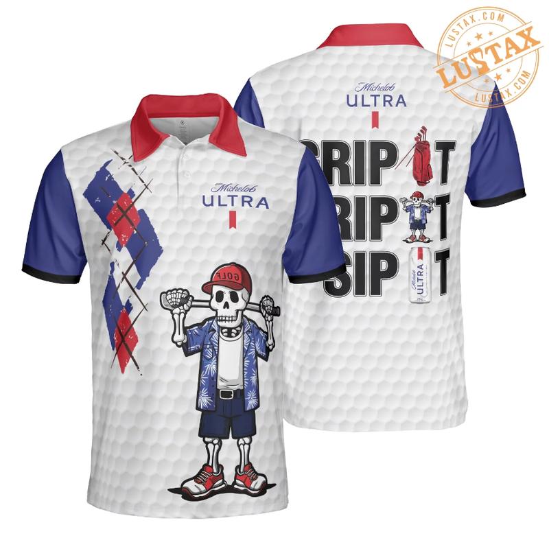 Grip It Rip It Sip It Michelob Ultra Beer Polo Shirt Skeleton Golf Club Beer Polo Shirt