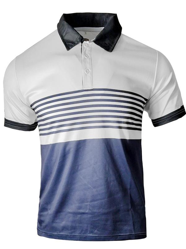 Men's Colorblock Striped Print Polo Shirt, Regular Fit Casual Short Sleeve Button Front Top for Summer, Fashion Men's Clothes for Daily Wear