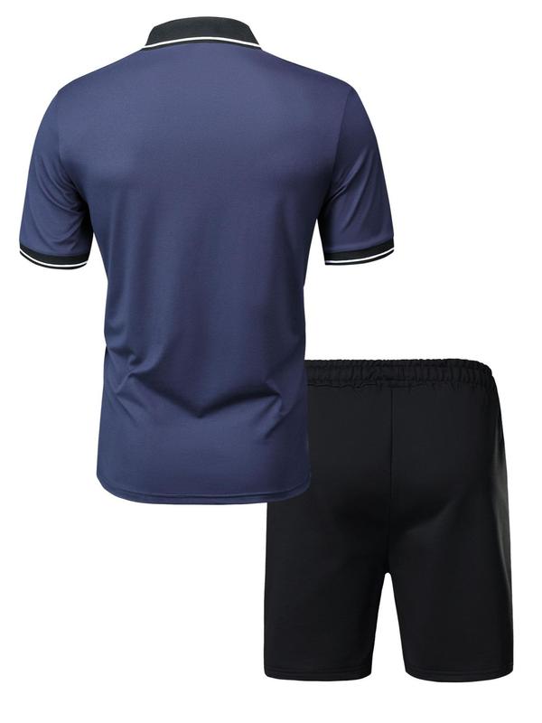 2 Piece Set Men's Colorblock Short Sleeve Polo Shirt & Drawstring Waist Shorts Set, Regular Fit Button Front Collared Top & Elastic Waist Track Shorts, Back To School Outfits, Outfit Sets for Men, Casual Men Two-piece Outfits for Summer