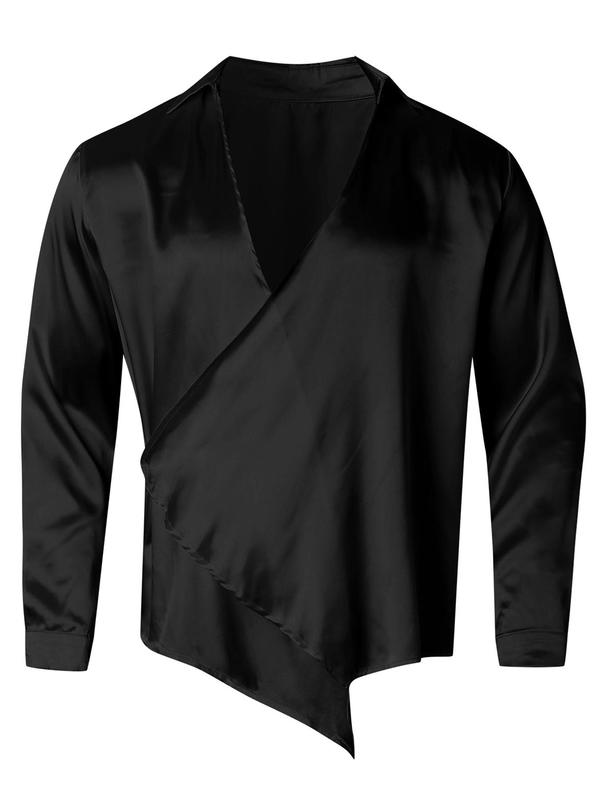 Men's Solid Color Long Sleeve Satin Shirt, Loose Casual Top for Spring & Fall, Men's Clothes for Beach Vacation