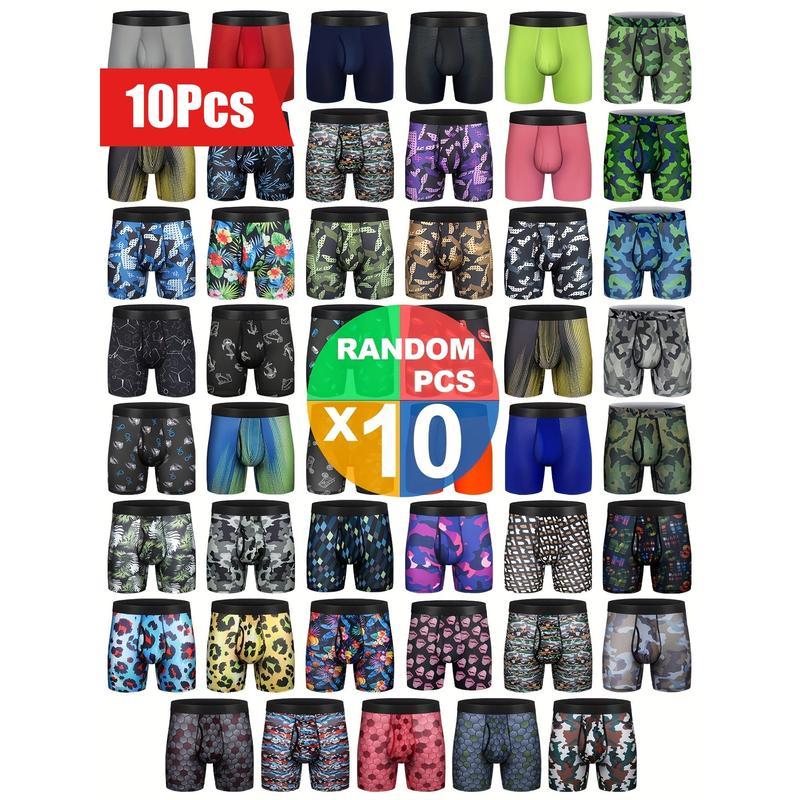 10 Pieces Men's Boxer Briefs Random Mesh Underwear Regular Legs Cool Dry Label Free with Flies