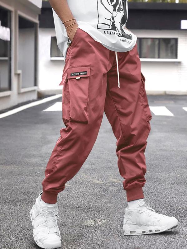 Unisex Patched Flap Pocket Drawstring Waist Cargo Pants, Back To School Outfits, Street Fashion Plain Casual Regular Fit Jogger Trouser for Men Women,  Teacher Outfits 2024, Pants for Men, Men Bottoms, Summer Outfits 2024 for Work, Gift for Girlfriend