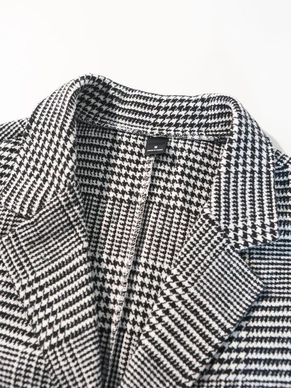 Men's Houndstooth Print Button Front Woolen Coat, Regular Fit Casual Long Sleeve Lapel Outerwear for Fall & Winter, Men's Clothes for Daily Wear