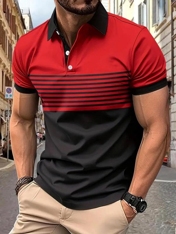 Men's Colorblock Striped Print Polo Shirt, Regular Fit Casual Short Sleeve Button Front Top for Summer, Fashion Men's Clothes for Daily Wear