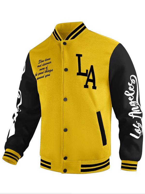 Men's Colorblock Letter Print Button Front Varsity Jacket, Regular Fit Casual Pocket Long Sleeve Baseball Collar Outerwear for Spring & Fall, Fashion Men's Clothes for Daily Wear