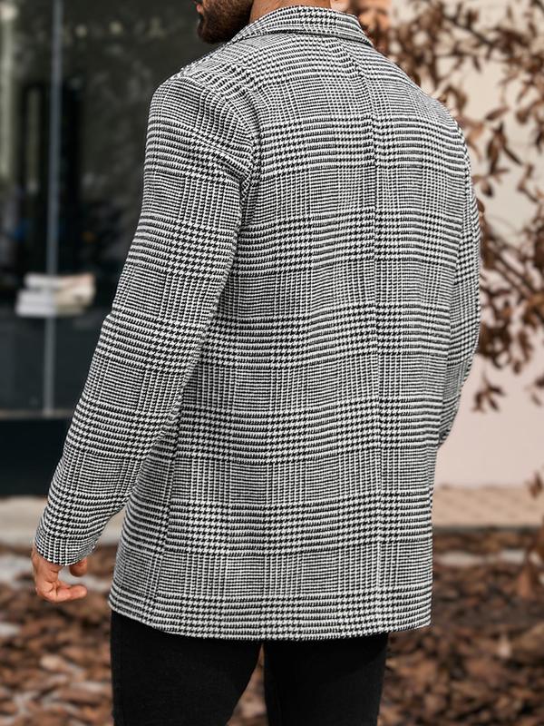 Men's Houndstooth Print Button Front Woolen Coat, Regular Fit Casual Long Sleeve Lapel Outerwear for Fall & Winter, Men's Clothes for Daily Wear