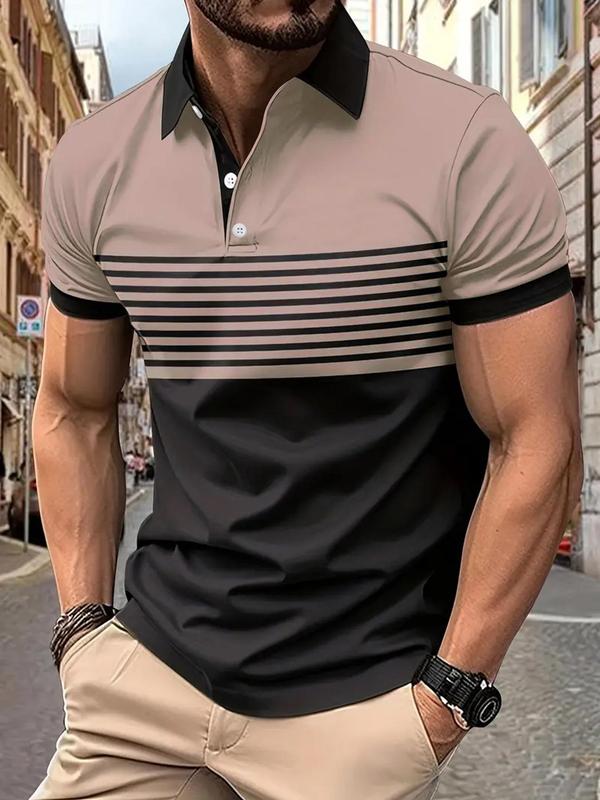 Men's Colorblock Striped Print Polo Shirt, Regular Fit Casual Short Sleeve Button Front Top for Summer, Fashion Men's Clothes for Daily Wear