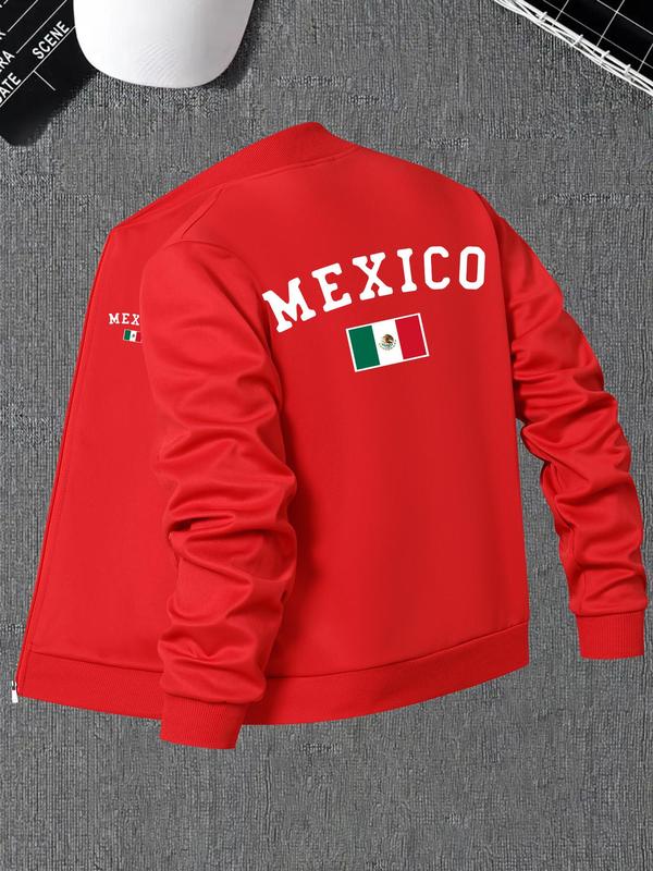 Men's Mexico Flag Print Zip Up Bomber Jacket, Regular Fit Casual Long Sleeve Baseball Collar Outerwear for Fall & Winter, Men's Clothes for Daily Wear