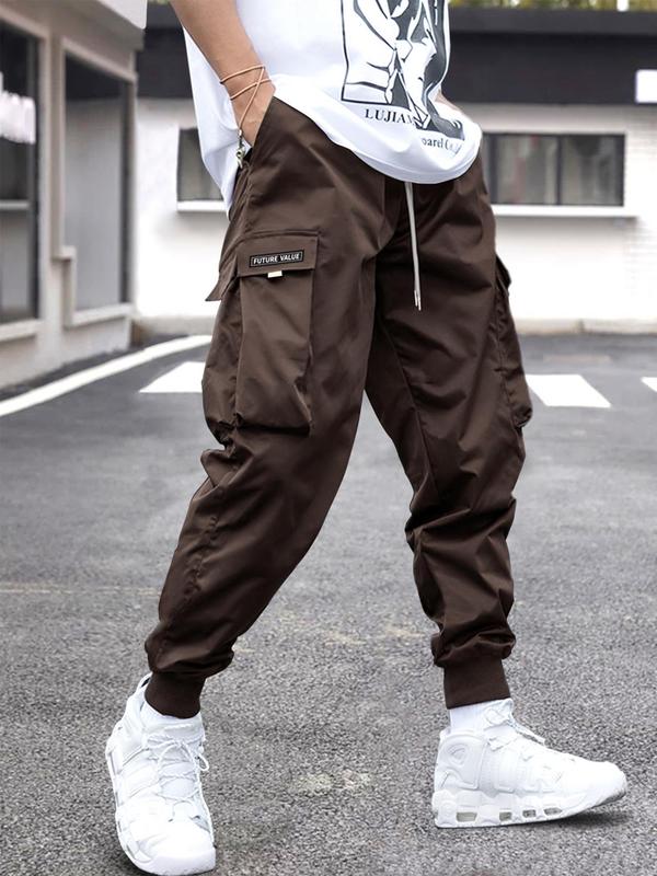 Unisex Patched Flap Pocket Drawstring Waist Cargo Pants, Back To School Outfits, Street Fashion Plain Casual Regular Fit Jogger Trouser for Men Women,  Teacher Outfits 2024, Pants for Men, Men Bottoms, Summer Outfits 2024 for Work, Gift for Girlfriend