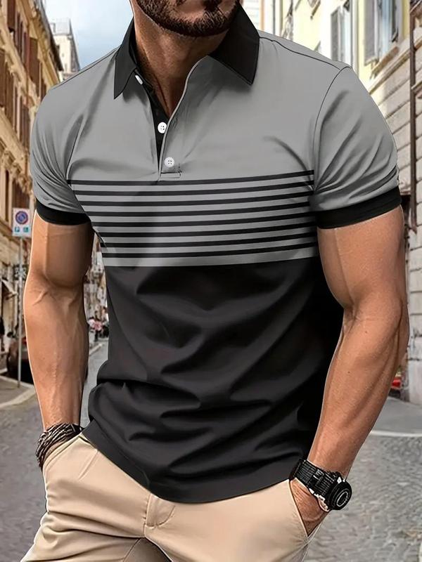 Men's Colorblock Striped Print Polo Shirt, Regular Fit Casual Short Sleeve Button Front Top for Summer, Fashion Men's Clothes for Daily Wear