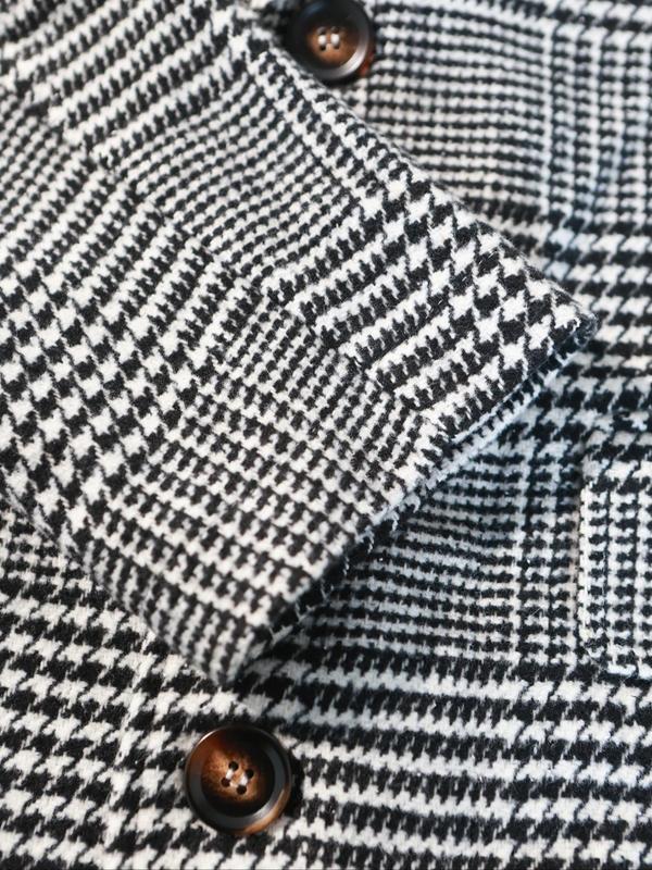 Men's Houndstooth Print Button Front Woolen Coat, Regular Fit Casual Long Sleeve Lapel Outerwear for Fall & Winter, Men's Clothes for Daily Wear