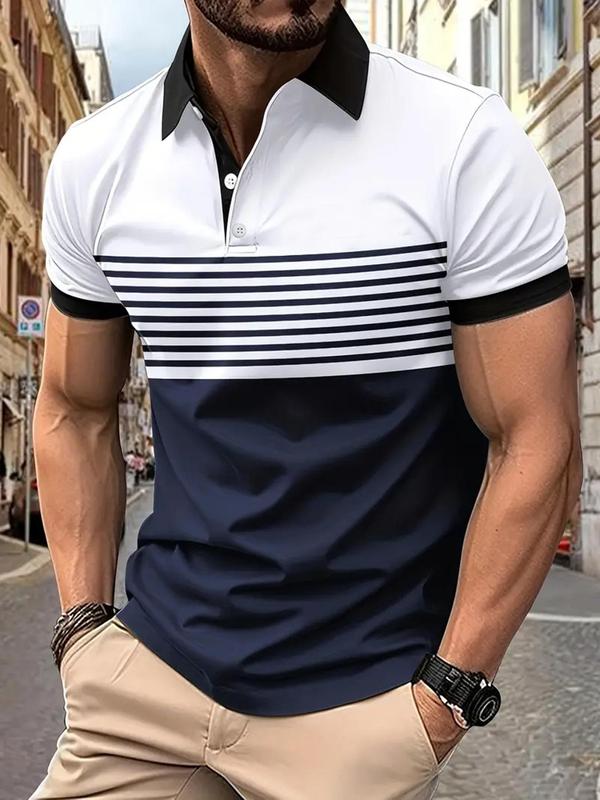 Men's Colorblock Striped Print Polo Shirt, Regular Fit Casual Short Sleeve Button Front Top for Summer, Fashion Men's Clothes for Daily Wear