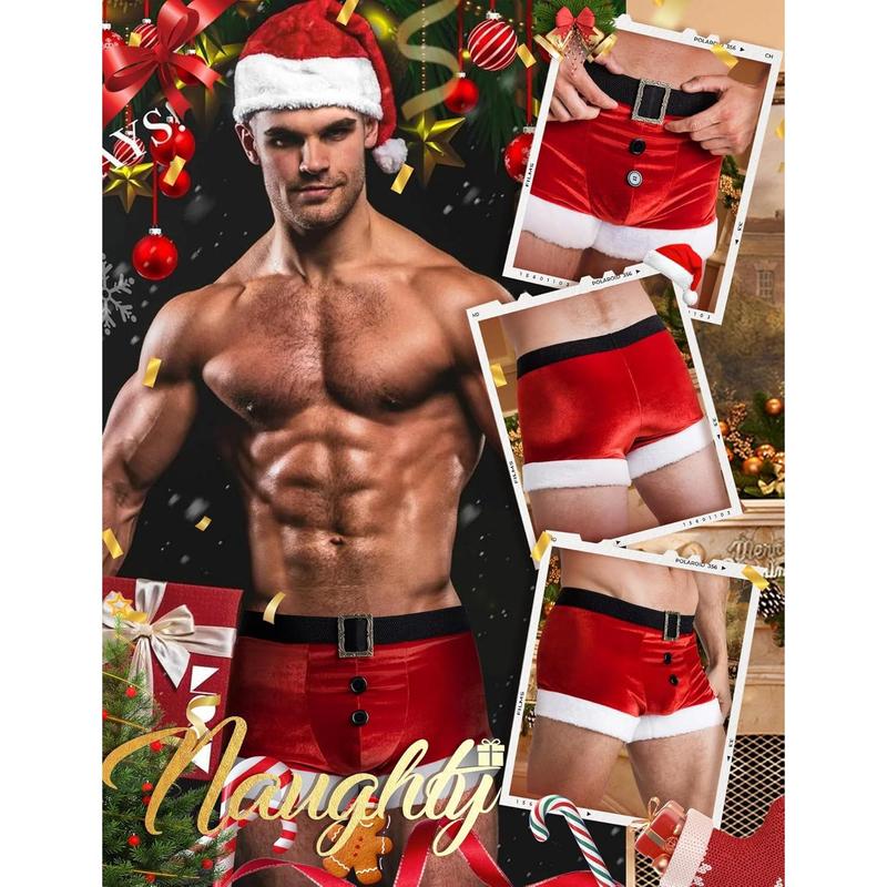 RSLOVE Men's Christmas Lingerie Set Sexy Santa Outfits 2PCS Red Boxers Holiday Briefs Underwear With Hat Menswear Festive