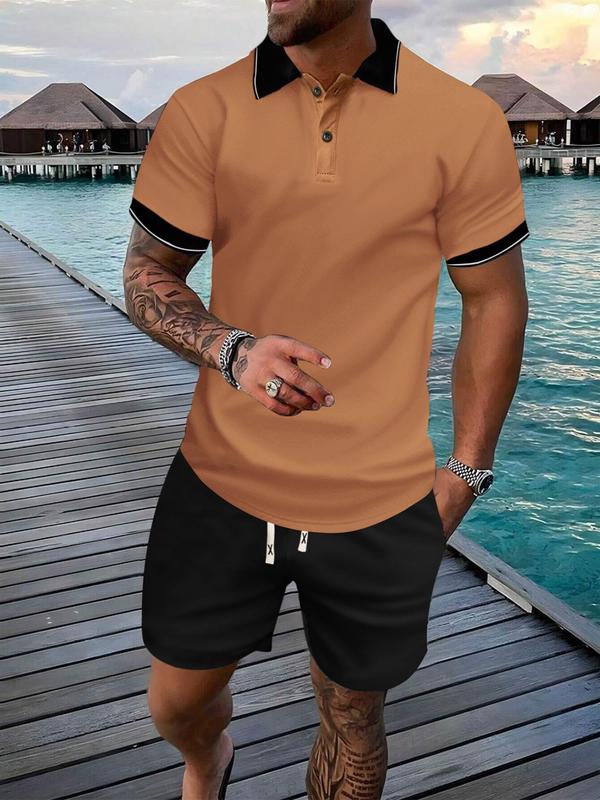 2 Piece Set Men's Colorblock Short Sleeve Polo Shirt & Drawstring Waist Shorts Set, Regular Fit Button Front Collared Top & Elastic Waist Track Shorts, Back To School Outfits, Outfit Sets for Men, Casual Men Two-piece Outfits for Summer