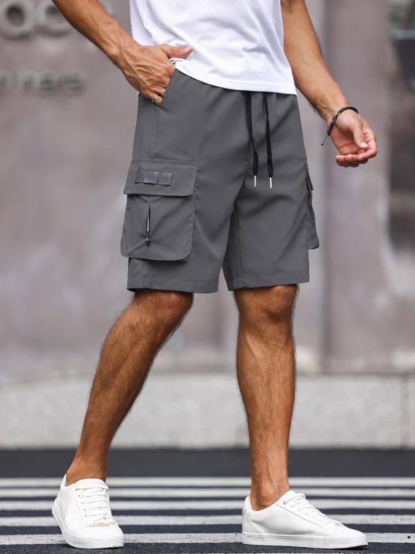 Men's Solid Flap Pocket Cargo Shorts, Street Drawstring Waist Shorts for Daily Outdoor Wear, Men's Bottoms for Summer