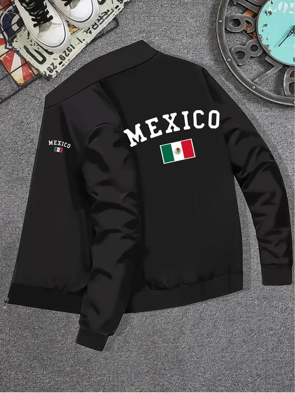 Men's Mexico Flag Print Zip Up Bomber Jacket, Regular Fit Casual Long Sleeve Baseball Collar Outerwear for Fall & Winter, Men's Clothes for Daily Wear