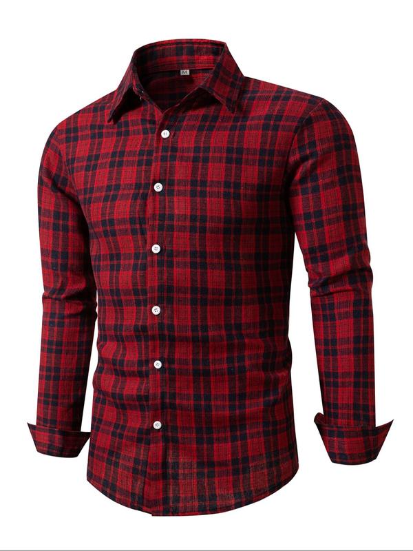 Men's Plaid Print Button Front Long Sleeve Shirt, Regular Fit Casual Collared Top for Fall & Winter, Men's Clothes for Daily Wear