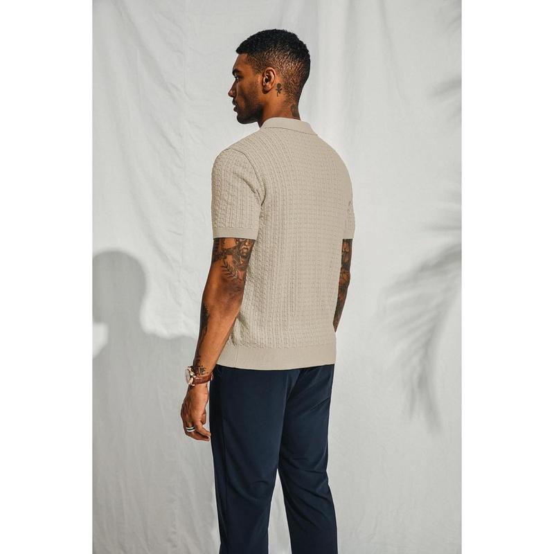 Mens Knit Polo Shirt Short Sleeve Hollow Out Knit Shirt Texture Knitted Polo