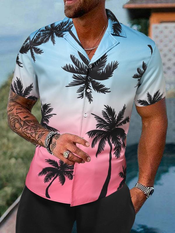 Men's Regular Fit Tropical Ombre Coconut Tree Print Button Front Shortsleeve Shirt, Summer Outfits, Casual Short Sleeve Lapel Neck Top for Summer, Men's Clothes for Beach Vacation, Menswear