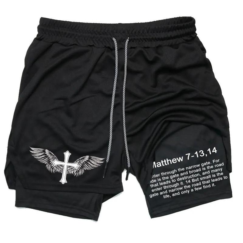 John 3:16 The Cross Performance Shorts Shorts Men's Cross & Letter Print 2 in 1 Drawstring Waist Shorts, Loose Casual Pocket Track Shorts for Summer, Fashion Men's Bottoms for Daily Wear gym wear