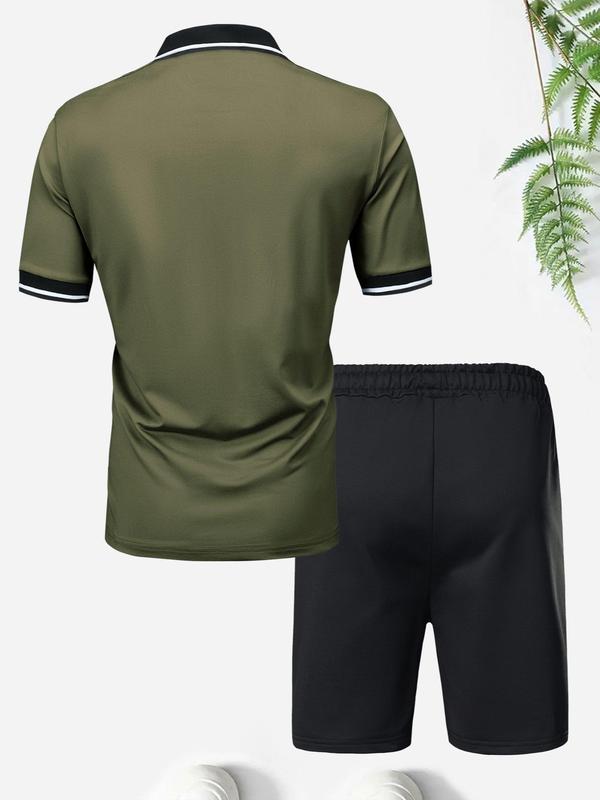 2 Piece Set Men's Colorblock Short Sleeve Polo Shirt & Drawstring Waist Shorts Set, Regular Fit Button Front Collared Top & Elastic Waist Track Shorts, Back To School Outfits, Outfit Sets for Men, Casual Men Two-piece Outfits for Summer