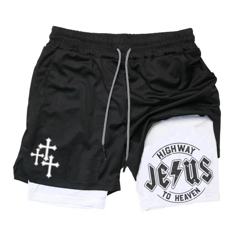 John 3:16 The Cross Performance Shorts Shorts Men's Cross & Letter Print 2 in 1 Drawstring Waist Shorts, Loose Casual Pocket Track Shorts for Summer, Fashion Men's Bottoms for Daily Wear gym wear