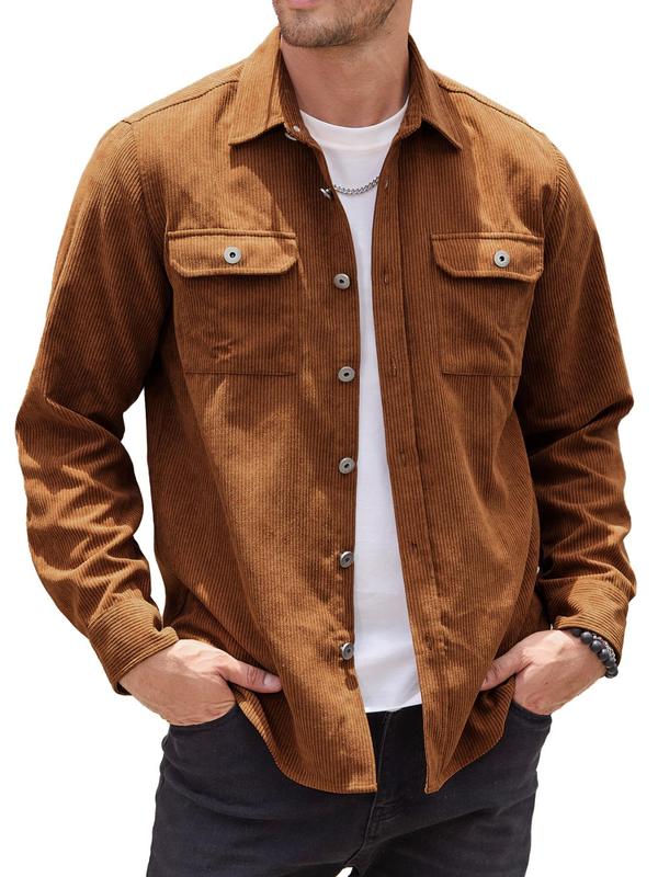 Men's Solid Color Button Front Flap Pocket Corduroy Shirt, Regular Fit Casual Long Sleeve Collared Top for Fall & Winter, Men's Clothes for Daily Wear