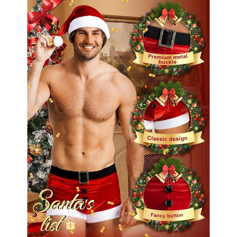 RSLOVE Men's Christmas Lingerie Set Sexy Santa Outfits 2PCS Red Boxers Holiday Briefs Underwear With Hat Menswear Festive