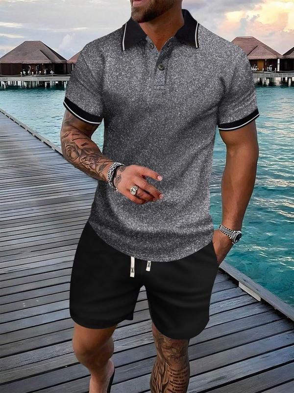 2 Piece Set Men's Colorblock Short Sleeve Polo Shirt & Drawstring Waist Shorts Set, Regular Fit Button Front Collared Top & Elastic Waist Track Shorts, Back To School Outfits, Outfit Sets for Men, Casual Men Two-piece Outfits for Summer