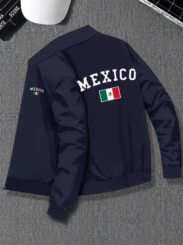 Men's Mexico Flag Print Zip Up Bomber Jacket, Regular Fit Casual Long Sleeve Baseball Collar Outerwear for Fall & Winter, Men's Clothes for Daily Wear